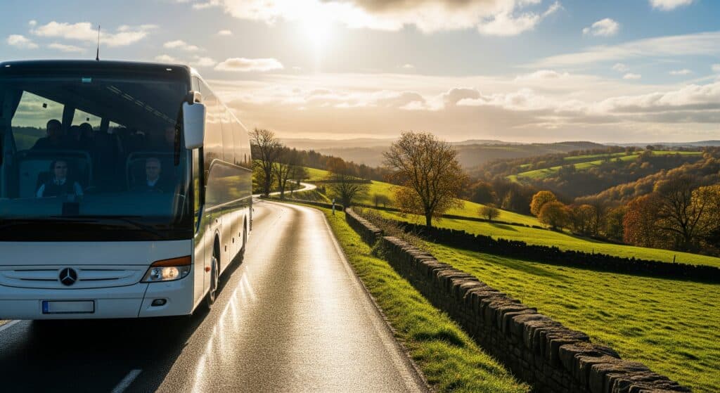 Silberner Reisebus auf Landstraße unterwegs