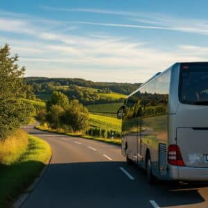 Reisebus, von hinten zu sehen, fährt durch Landschaft auf Landstraße